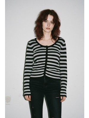 Siyah Gri Çizgili Grunge Y2K Stili Triko Hırka