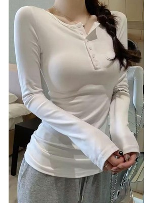 Kara Kedi Ekru Düğmeli Yarım Yaka Y2K Uzun Kollu Crop