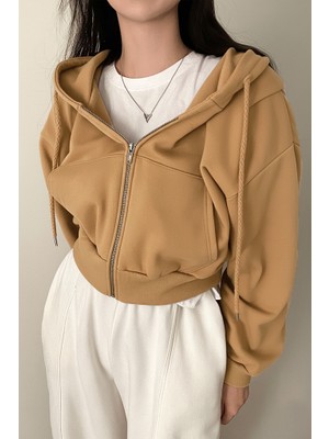 Kara Kedi Bej Crop Top Kalın Kumaş Kapüşonlu Crop Hırka