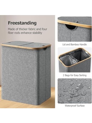 Çift Bölmeli Çamaşır Sepeti, 100L Kapasiteli, Bambu Kenarlı, Su Geçirmez Kumaş, Gri