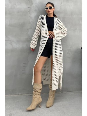 Nana & Mayka Moda Kadın Ajurlu Delikli Uzun Triko Hırka – Mevsimlik Ince Akrilik, Yırtmaçlı Model, Şık Rahat Tarz-Krem