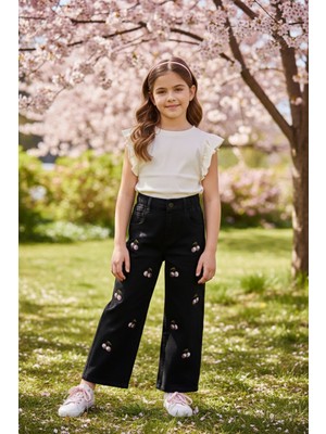 FullaModa Beli Lastikli Pullu Kiraz Nakışlı Kız Çocuk Pantolon