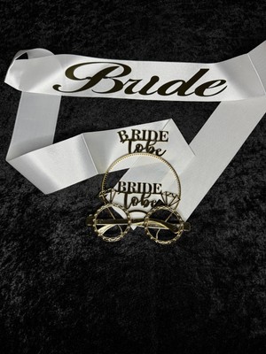 SırmalıHome 3 Parça Gold 'bride' Yazılı Beyaz Saten Kemer 'bride To Be' Gözlük Taç Seti Bekarlığa Veda Partisi