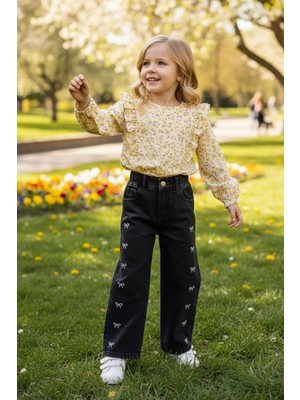 FullaModa Kız Çocuk Pantolon %100 Pamuk Beli Lastikli Fiyonk Nakışlı Günlük Model