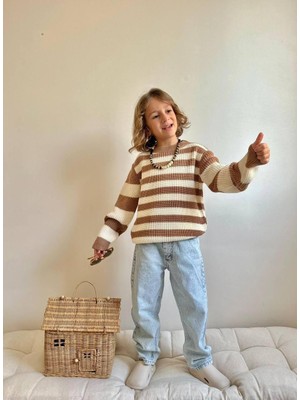 Cg Kids Çizgili Örgülü Karamel Renk Triko Kazaklı Jean Pantolon Erkek Çocuk Alt Üst Takım Süper Kalite Kumaş