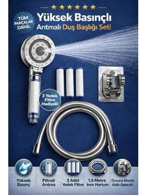 Suvia Filtreli Duş Başlığı Seti | 5 Fonksiyonlu Yüksek Basınçlı | Patlamaz Kırılmaz Pvc Duş Hortumu | Duvar Aparatı | 3 Yedek Filtre