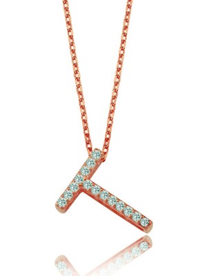 Mavili Gümüş Işıltılı Prizma T Harfi Gümüş Kolye - Rose