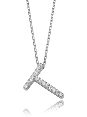 Mavili Gümüş Işıltılı Prizma T Harfi Gümüş Kolye - Gümüş