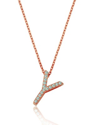 Mavili Gümüş Işıltılı Prizma Y Harfi Gümüş Kolye - Rose