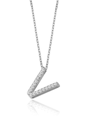 Mavili Gümüş Işıltılı Prizma V Harfi Gümüş Kolye - Gümüş