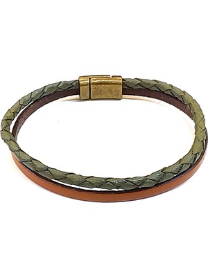 Herşey Nota Olive Taba Slim – Zeytin Yeşili Örgü & Taba Deri Erkek BILEKLIK-1397