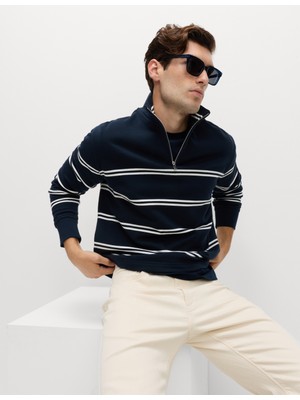 Marks & Spencer Pamuklu Çizgili Yarım Fermuarlı Sweatshirt