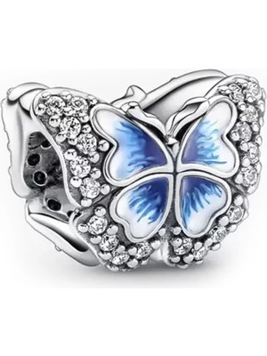 Nur Silver Işıltılı Mavi Kelebek Gümüş Charm NUR-BL00310