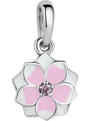 Nur Silver Sallantılı Pembe Çiçekli Gümüş Charm NUR-BL12448