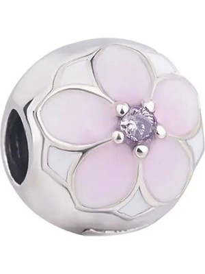 Nur Silver Durdurucu Pembe Çiçek Gümüş Charm NUR-BL10028