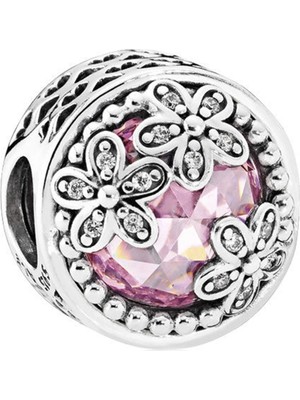 Nur Silver Pembe Taş Papatya Detay Gümüş Charm NUR-BL00970