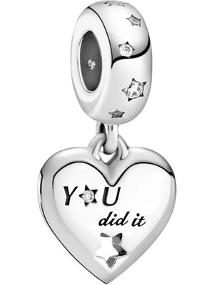 Nur Silver You Did İt Yazılı Yıldız Detay Sallantılı Kalp Gümüş Charm NUR-BL00133