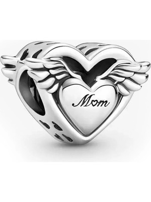 Nur Silver 'My Angel' ve 'Mom' Yazılı Melek Kanatlı Gümüş Charm NUR-BL00317
