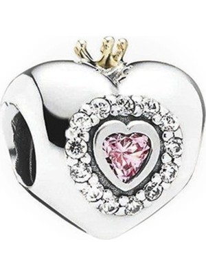 Nur Silver Princess Taçlı Kalp Gümüş Charm NUR-BL00326
