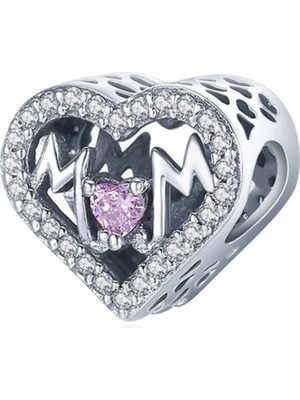 Nur Silver 'Mom' Yazılı Pembe Taşlı Kalp Gümüş Charm NUR-BL00330