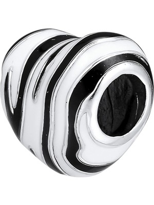 Nur Silver Siyah Beyaz Kalp Gümüş Charm NUR-BL01247