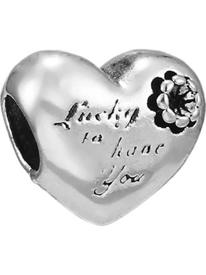 Nur Silver Lucky To Have You Yazılı Kalp Gümüş Charm NUR-BL00163