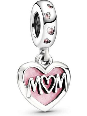 Nur Silver Mom Yazılı Pembe Mineli Kalp Gümüş Charm NUR-BL00193