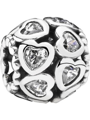 Nur Silver Beyaz Taşlı Kalpli Yuvarlak Gümüş Charm NUR-BL12498
