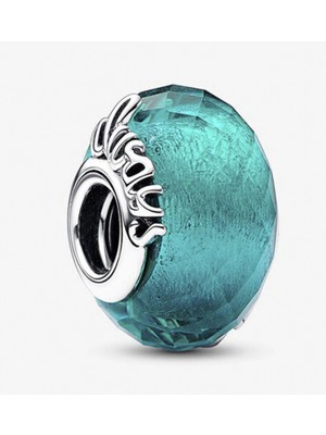 Nur Silver Folyolu Fasetli Yeşil Murano Camlı Gümüş Charm - NUR-CM00354