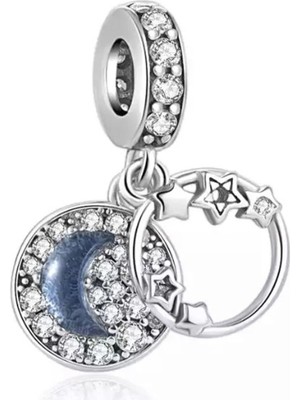 Nur Silver Hilal ve Yıldızlar Sallantılı Gümüş Charm - NUR-CM00363