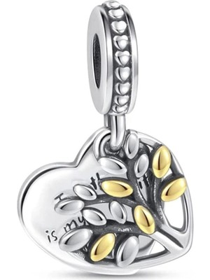 Nur Silver İki Renkli Aile Ağacı Kalp Sallantılı Gümüş Charm - NUR-CM00365