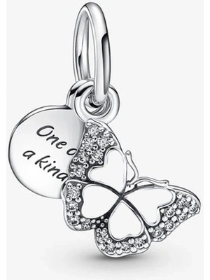 Nur Silver Kelebek ve Yazılı Çift Sallantılı Gümüş Charm - NUR-CM00371