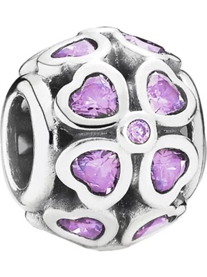 Nur Silver Pembe Taşlı Kalp Çiçekli Gümüş Charm NUR-BL12486