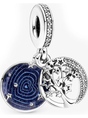 Nur Silver Mavi Gece Gökyüzü, Hilal ve Yıldızlar Sallantılı Gümüş Charm NUR-BL00241