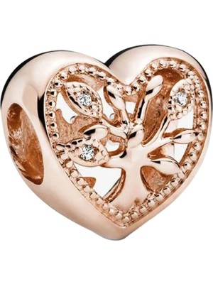 Nur Silver Rose Renk Aile Ağacı Kalp Gümüş Charm NUR-BL00673