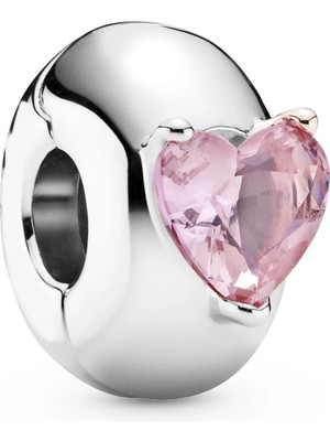 Nur Silver Pembe Renk Kalp Detaylı Klips Gümüş Charm NUR-BL10778