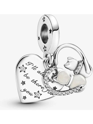 Nur Silver Kediler ve Kalpler Gümüş Sallantılı Charm NUR-CH00009