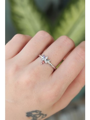 HERŞEYBURDAMODA Pirinç Gümüş Renk Ayarlanabilir Renkli Zirkon Taşlı Yusufçuk Yüzük