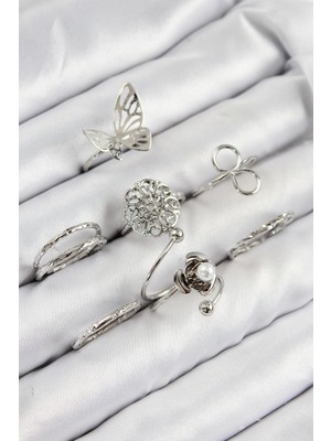 HERŞEYBURDAMODA Pirinç Gül Model Gümüş Renk Kadın Yüzük Kombin Set