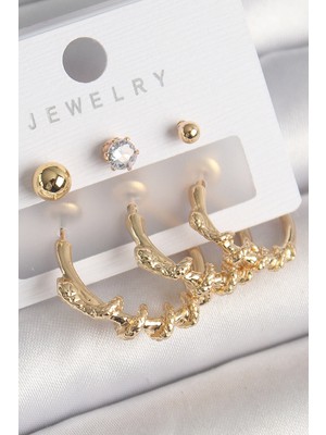 HERŞEYBURDAMODA Pirinç Gold Renk Sarmal Yılan Halka Model Zirkon Taşlı Topçuk Detay Kadın Küpe Seti