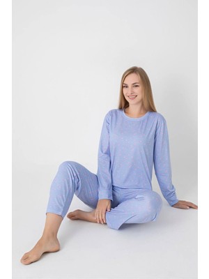 Silona Homewear Mavi Renk Pembe Kalp Detaylı Kadın Pijama Takımı