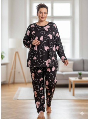 Silona Homewear Pembe Kalp Detaylı Büyük Beden Battal Boy Kadın Pijama Takımı