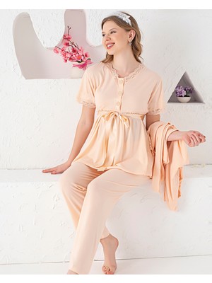 Jenika Collection Jenika Hamile Uzun Kol Sabahlıklı Açılabilir Düğmeli Yakası Dantel Detaylı 3 ' Lü Hamile Pijama Takım