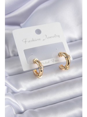 HERŞEYBURDAMODA Gold Renk Zirkon Taş Detay Halka Model Pirinç Kadın Küpe