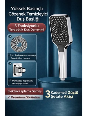 Suvia Yüksek Basınçlı 3 Fonksiyonlu Duş Seti | Gözenek Temizleyici Duş Başlığı, 1.5 M Paslanmaz Hortum, Yapışkanlı Askı, Güçlü Şelale Akışı