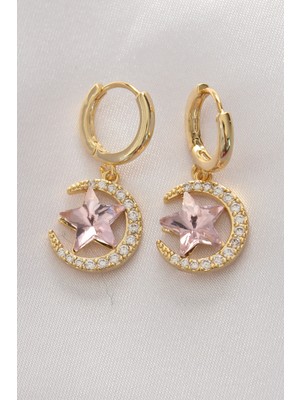 HERŞEYBURDAMODA Pirinç Gold Renk Pembe Zirkon Taşlı Yıldız Detay Ay Küpe