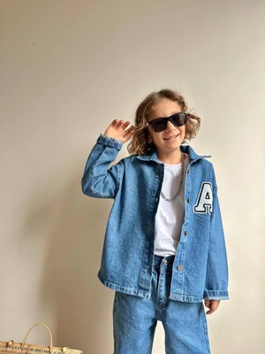 Cg Kids Mavi Kot Ceketli Jean Denim Beyaz Body Dahil 3'lü Takım Süper Kalite Süzüne Nakışlı A Detay