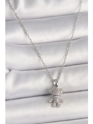 HERŞEYBURDAMODA 316L Çelik Gümüş Renk Zincir Zirkon Taşlı Ayıcık Figür Kadın Kolye