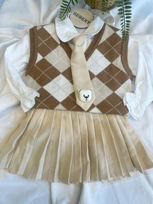 bebexy Baklava Desenli Kahverengi Süveter-Etekli  4'lü Takım