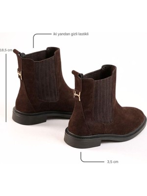 Ne&Ve Shoes Kadın Chelsea Bot 36 Model Hakiki Süet Deri Gold Aksesuarlı Kalın Topuklu Şık Tasarım